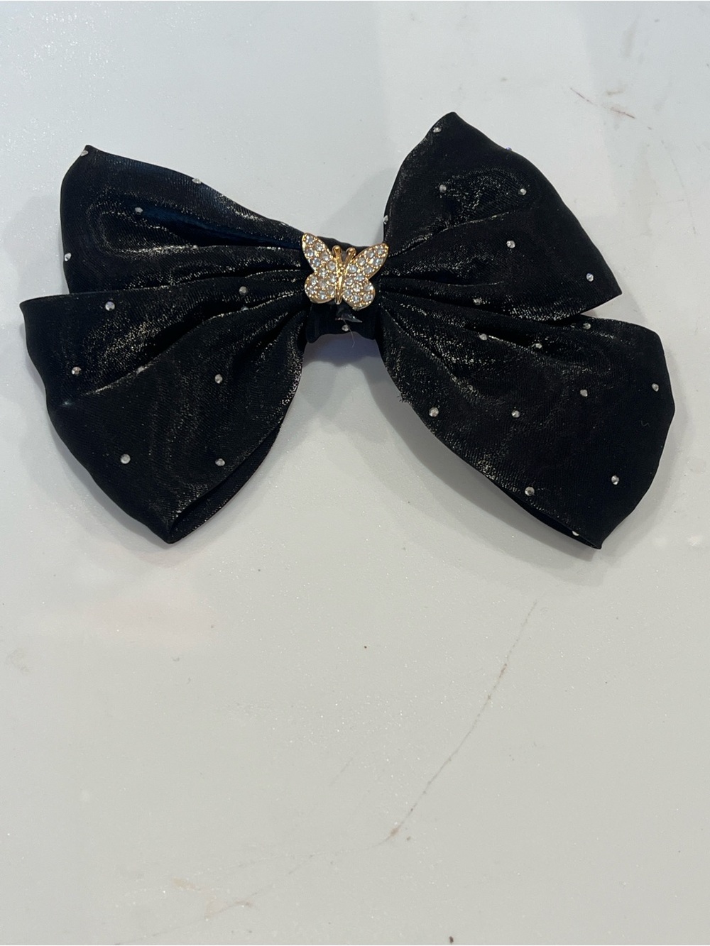 Black Butterfly Bow Hair Clip with Crystal Accent